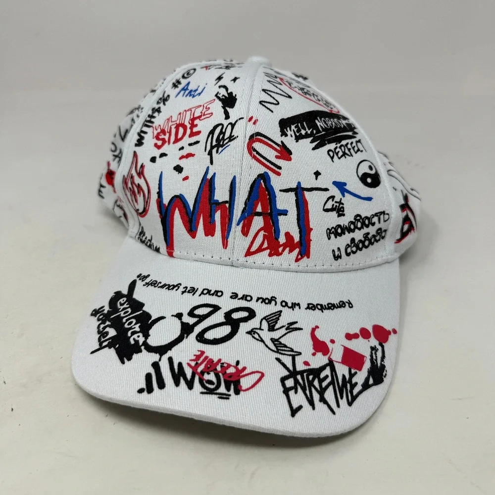 White Graffiti Print Baseball Cap Streetwear Adjustable Graphic Hat All Over
